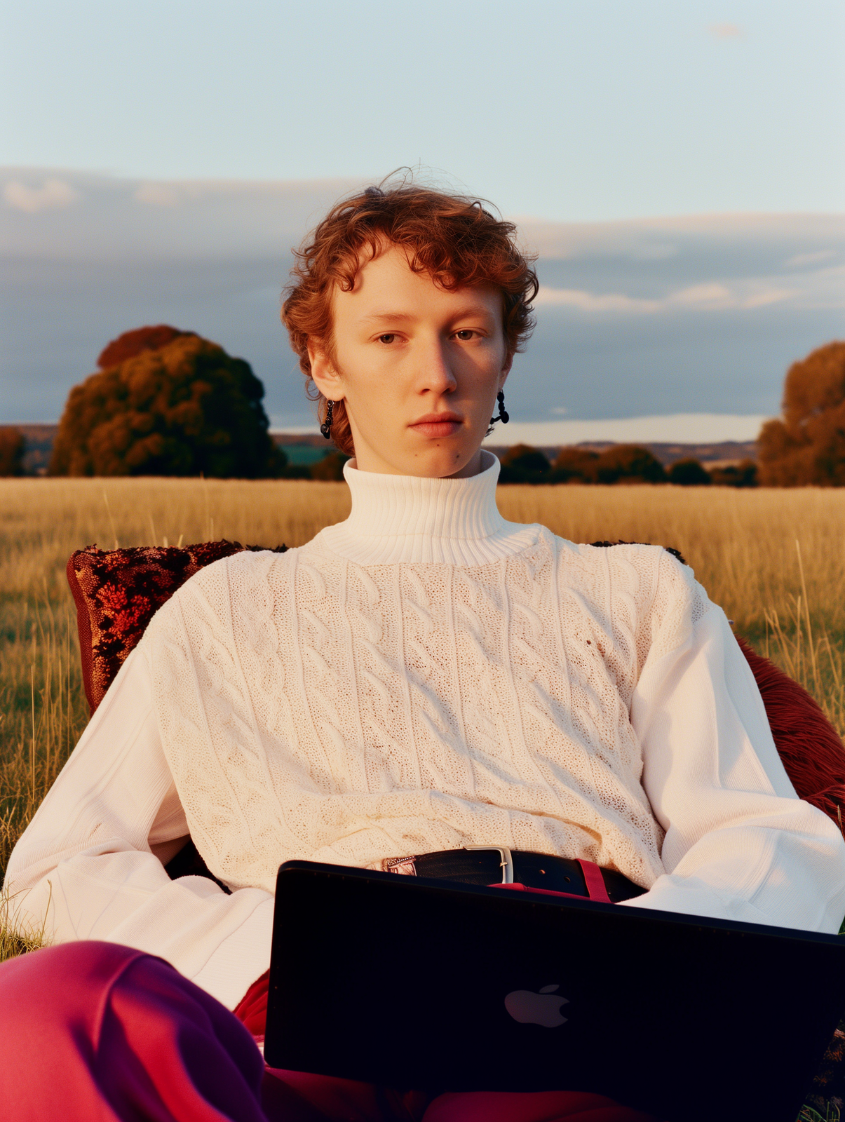 a woman sitting in a field with a laptop