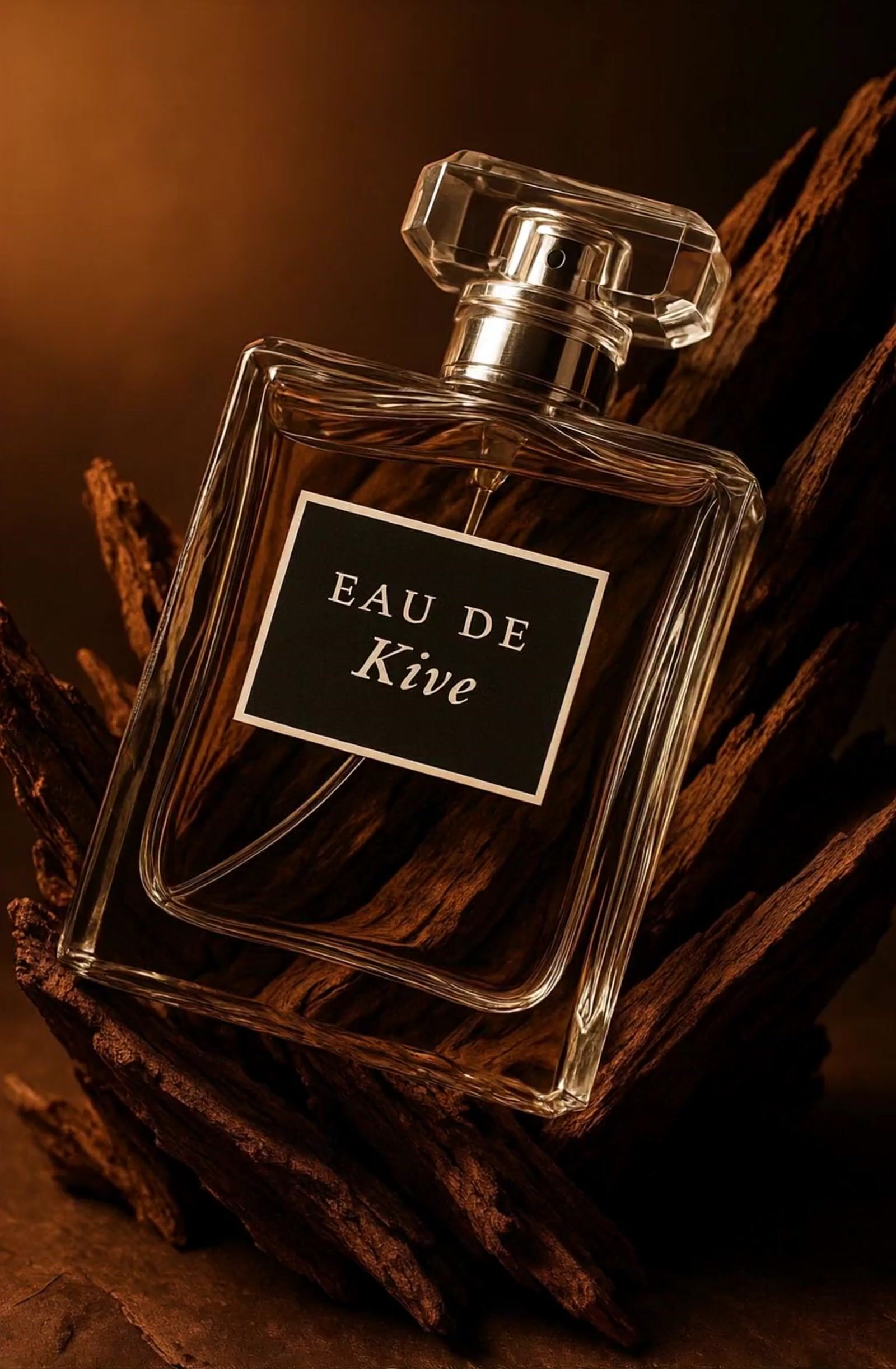 a bottle of perfume sitting on top of a pile of wood