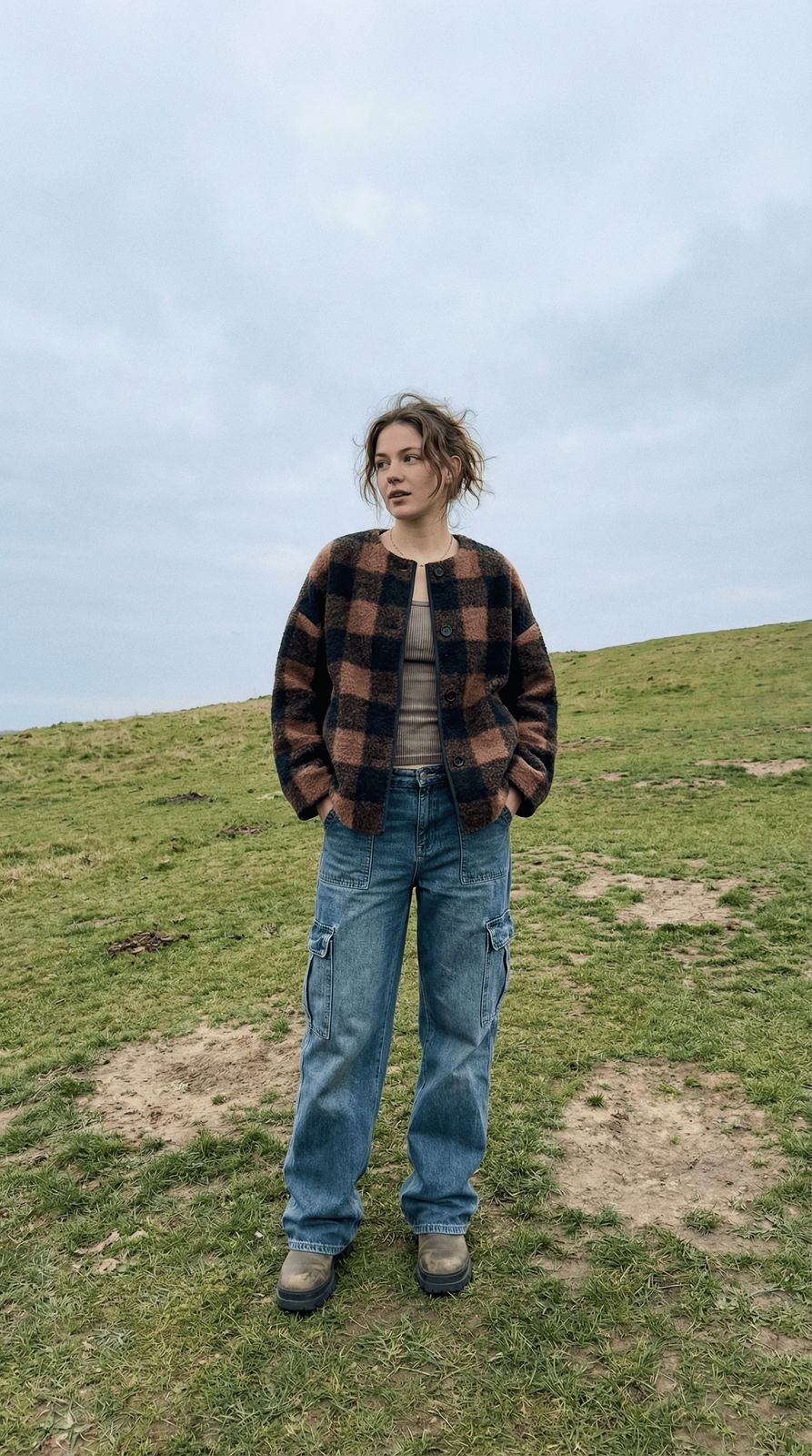 a woman standing on top of a grass covered field
