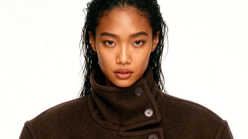 a woman in a brown coat is looking at the camera