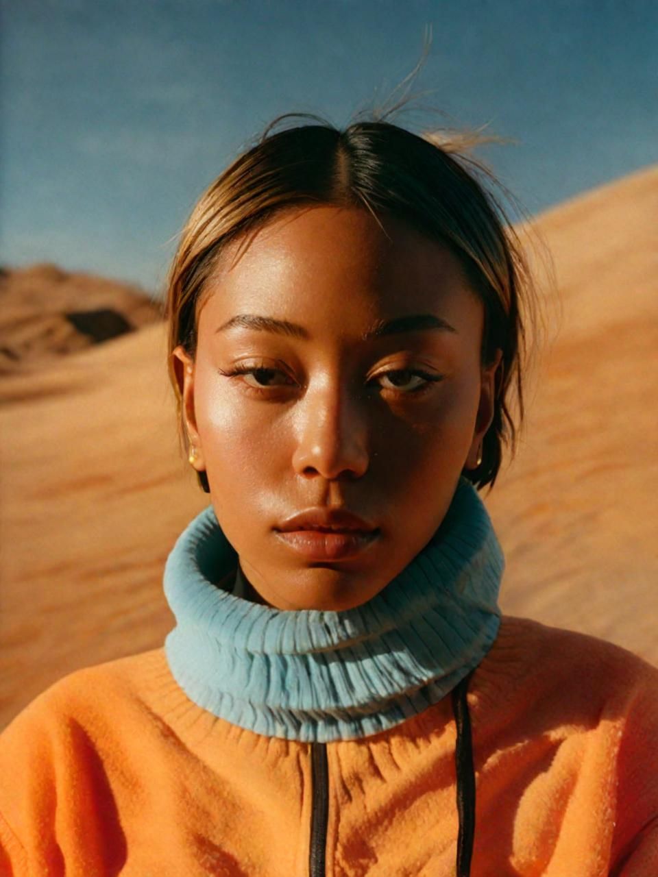 a woman in an orange sweater with a blue collar