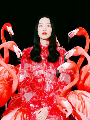 a woman in a red dress surrounded by pink flamingos