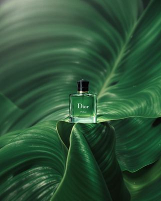 a bottle of perfume sitting on top of a green leaf