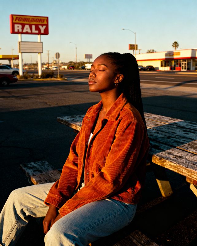 a woman sitting on a wooden bench in a parking lot