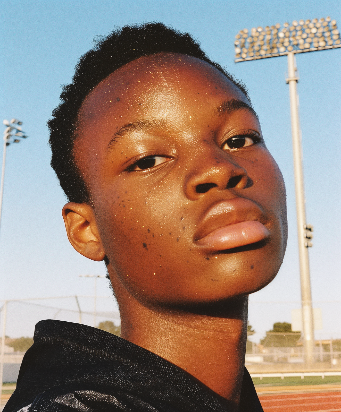 a close up of a person near a stadium