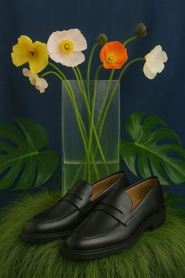 a painting of a pair of shoes and a vase of flowers