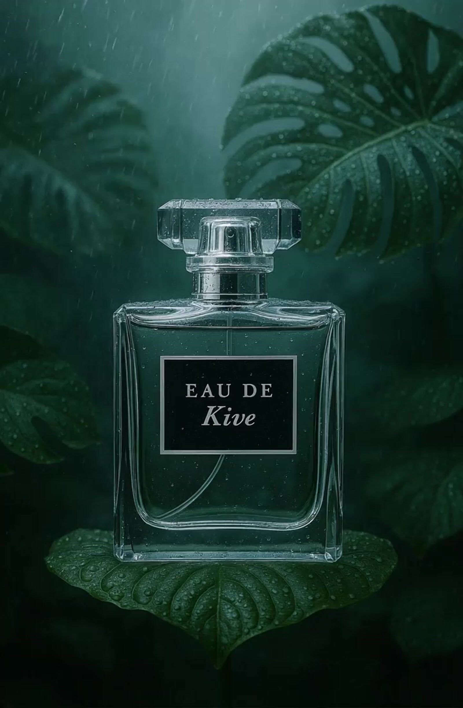 a bottle of eau de kive sitting on top of a leaf