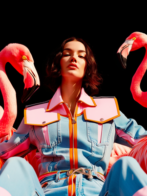 a woman sitting in a chair with flamingos around her