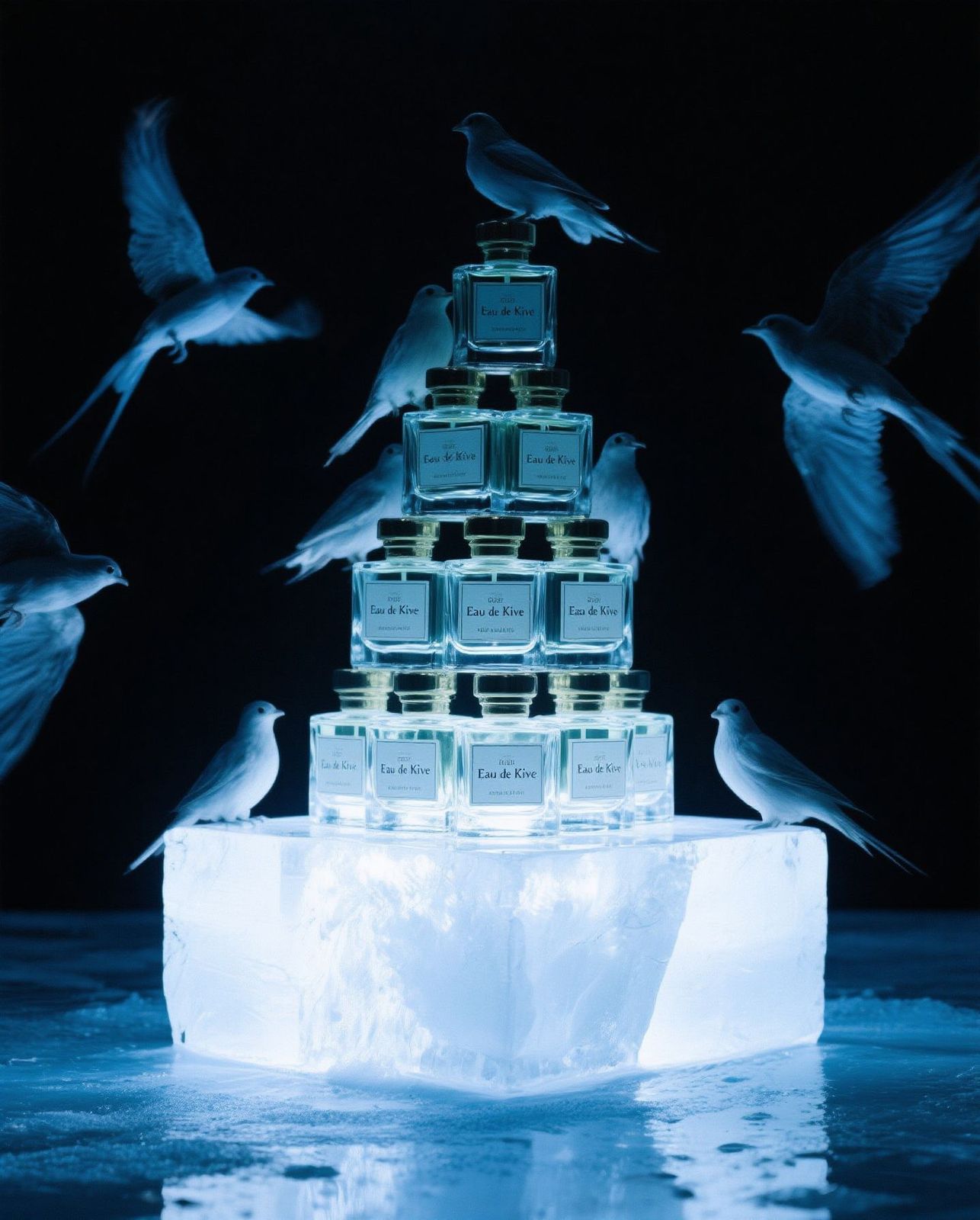 a flock of birds flying around a building made of ice