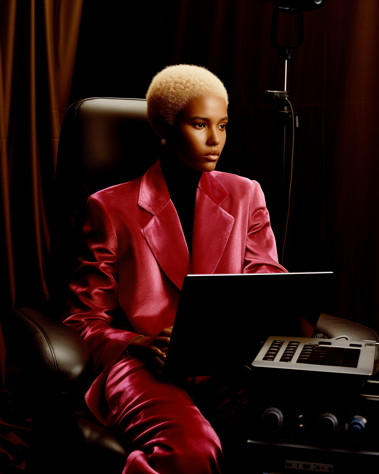 a woman sitting in a chair with a laptop