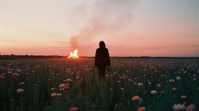 a person standing in a field with a fire in the background