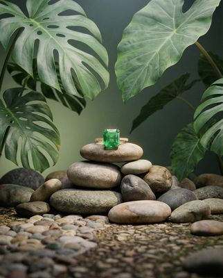 a green ring sitting on top of a pile of rocks