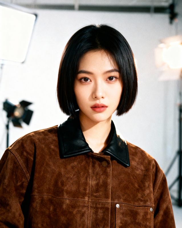 a woman with a short black hair and a brown jacket