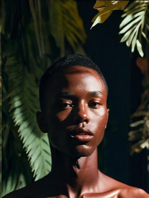 a man with no shirt standing in front of a plant