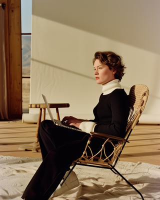 a woman sitting in a chair using a laptop computer