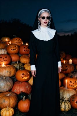 a nun standing in front of a pile of pumpkins