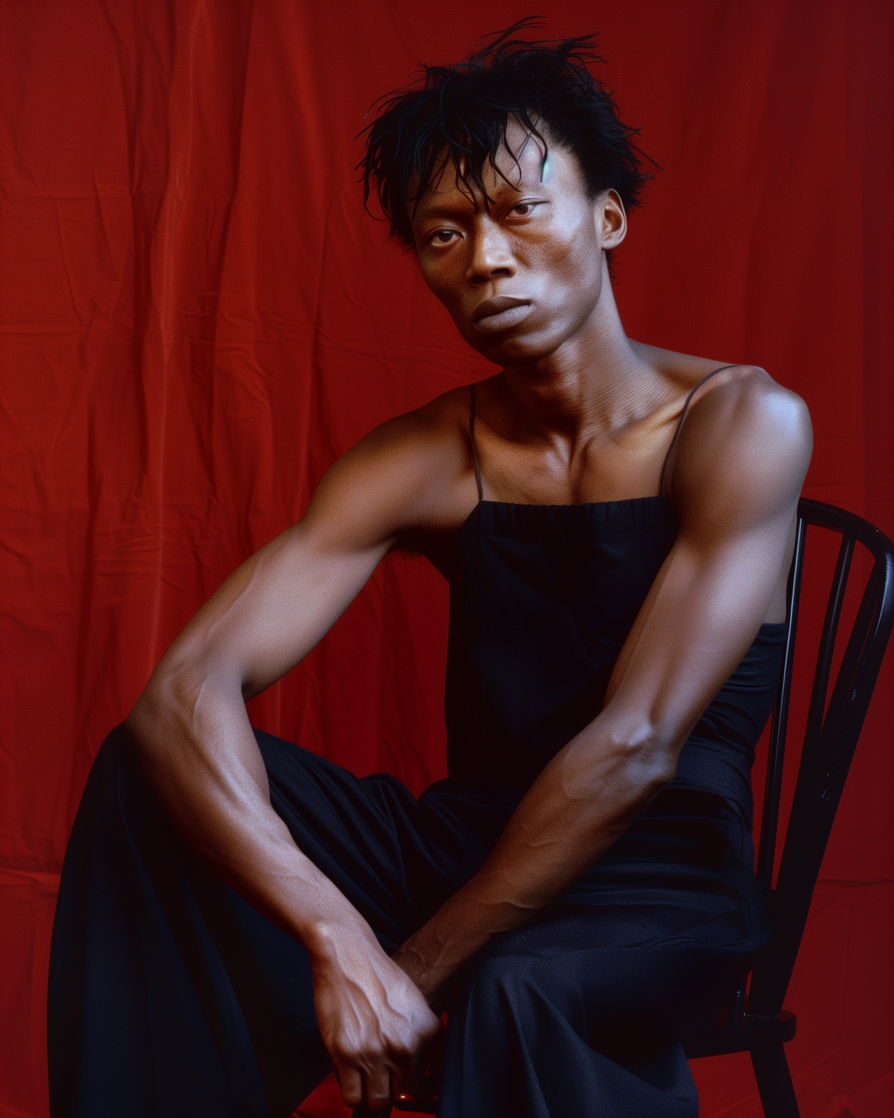 a man sitting in a chair with his hands on his knees