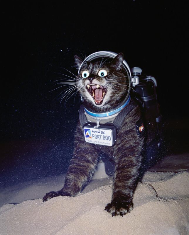 a cat in a space suit with its mouth open