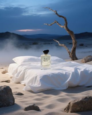 a bottle of perfume sitting on top of a bed