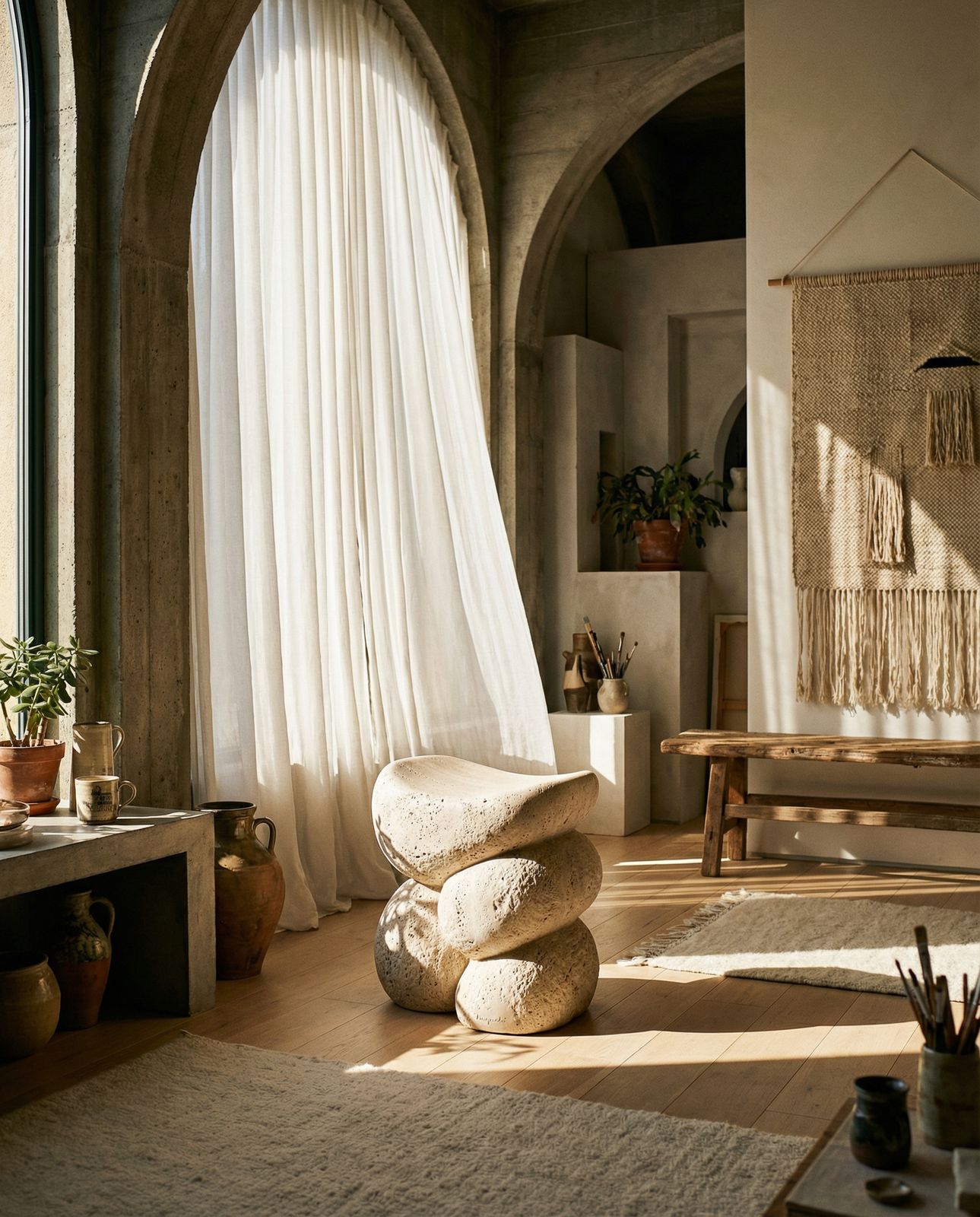 a room with a large window, a bench and a rug
