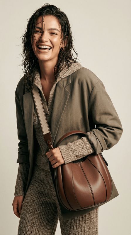 a woman holding a brown purse and smiling
