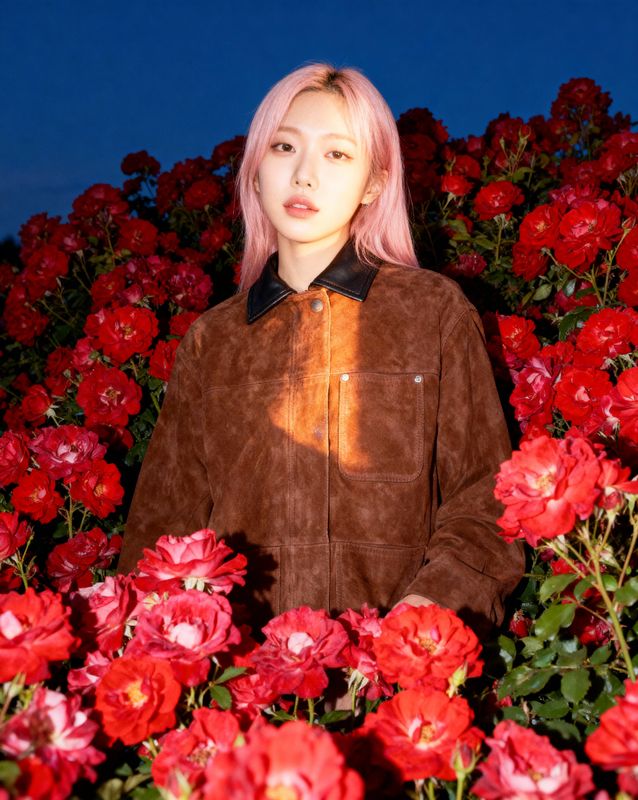 a woman standing in a field of red flowers