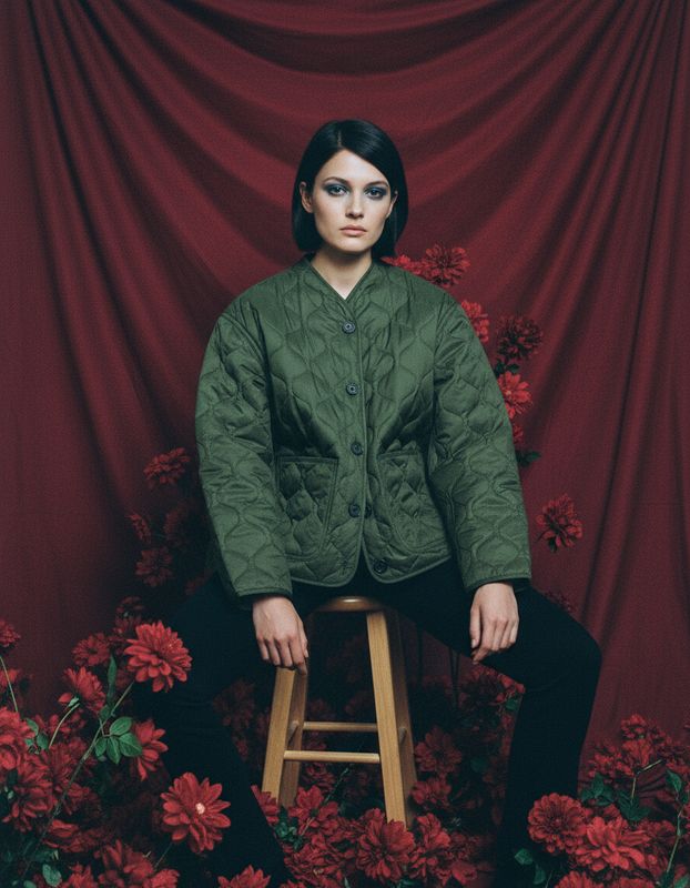a woman sitting on a stool in front of red flowers