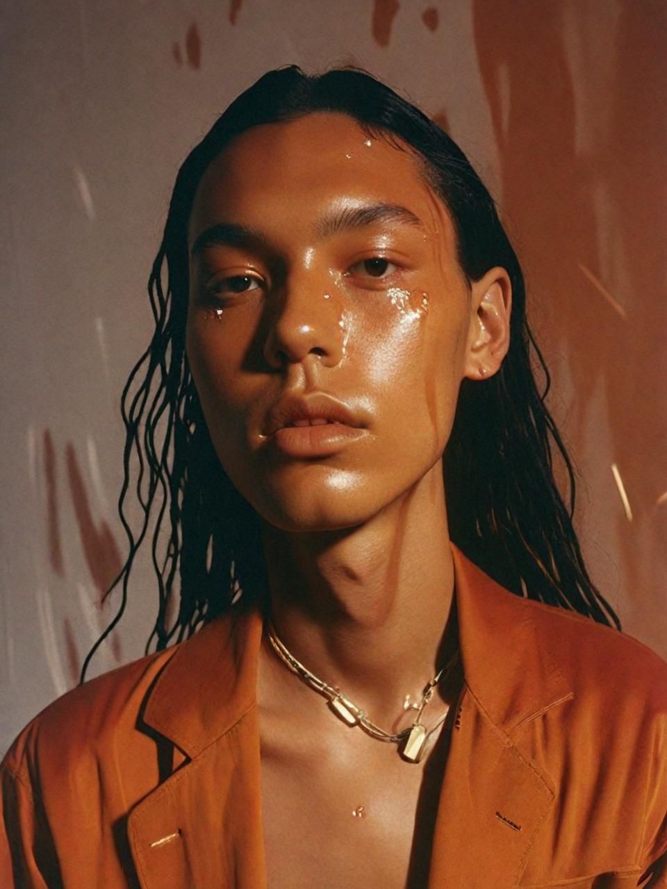 a woman with wet hair and a necklace