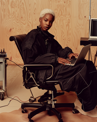 a woman sitting in a chair using a laptop computer