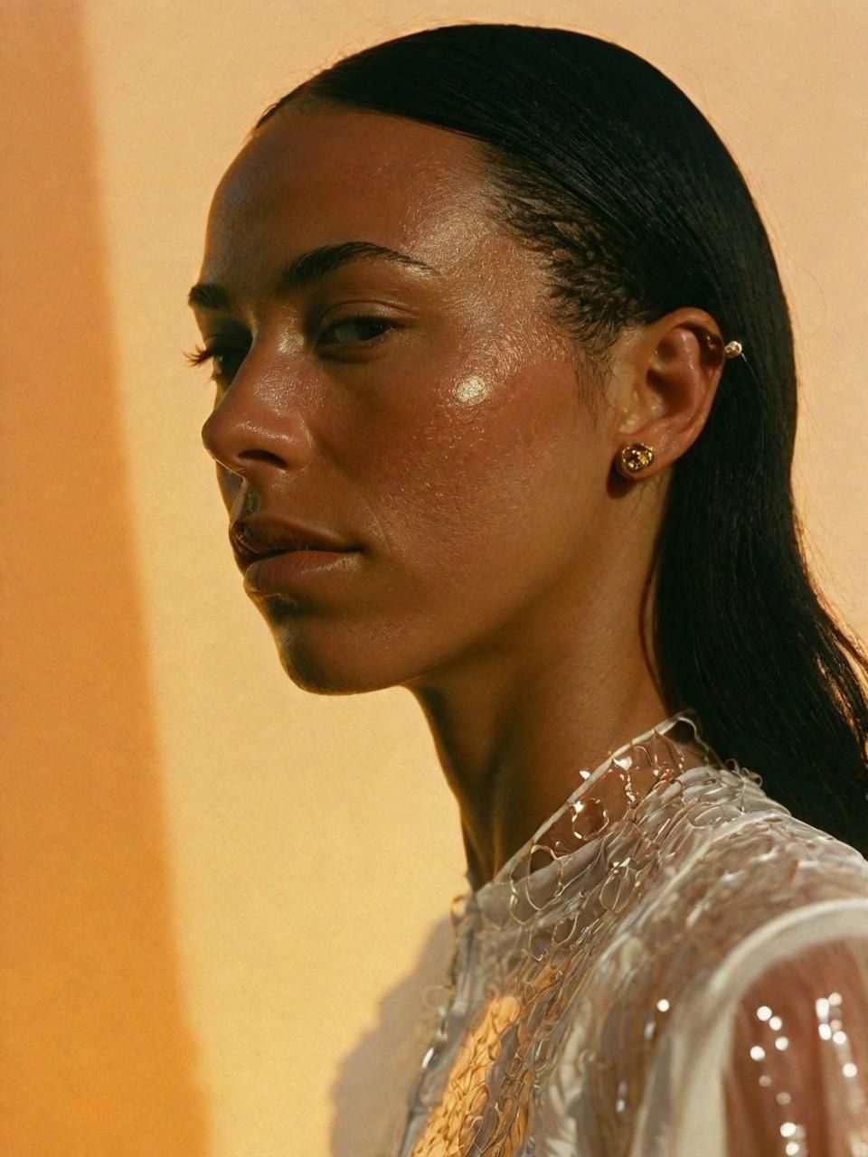 a woman in a white shirt and gold earrings