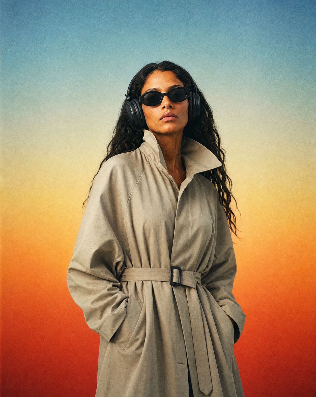 a woman wearing sunglasses and a trench coat