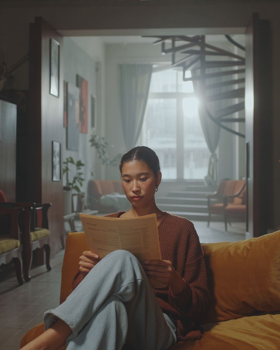 a woman sitting on a couch reading a book
