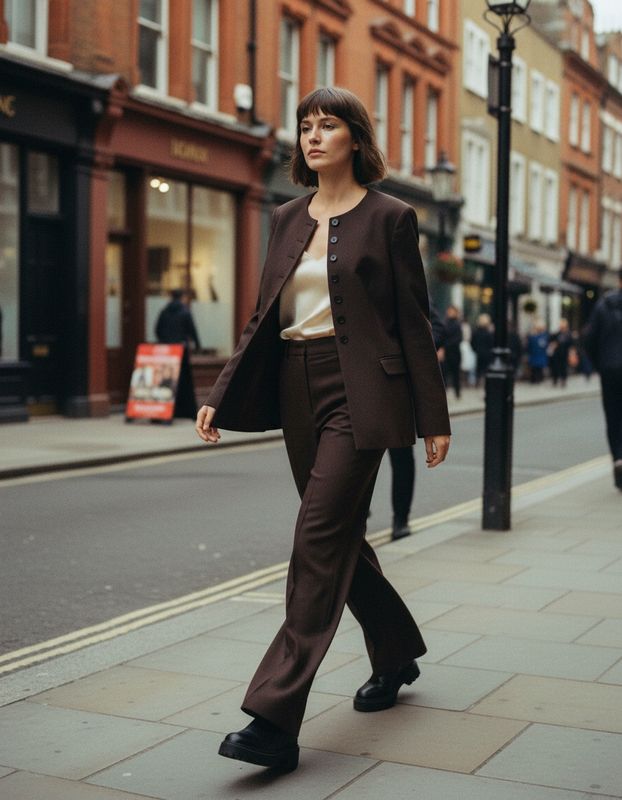 a woman walking down the street in a suit