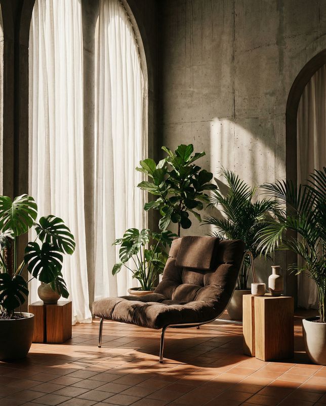 a living room filled with lots of potted plants