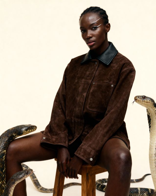 a woman sitting on a stool next to two snakes