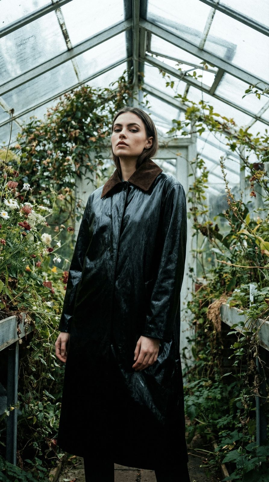 a woman standing in a greenhouse wearing a black coat