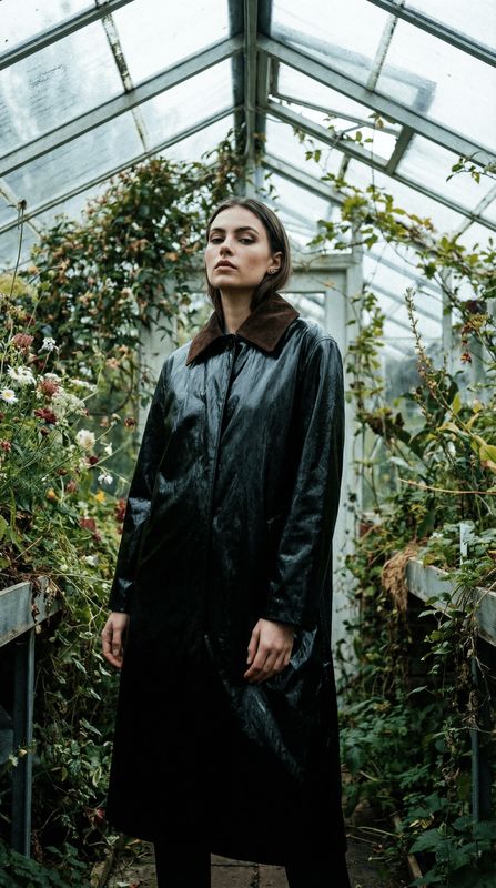 a woman standing in a greenhouse wearing a black coat