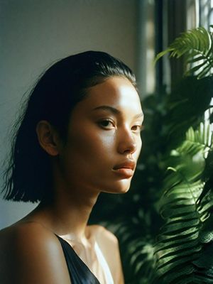 a woman standing in front of a window next to a plant