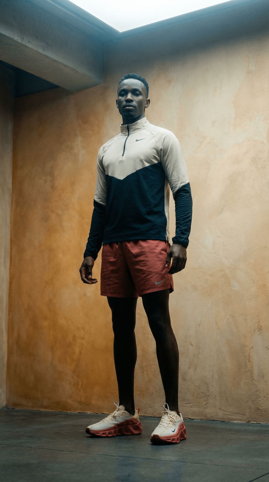 a man standing in front of a wall wearing shorts