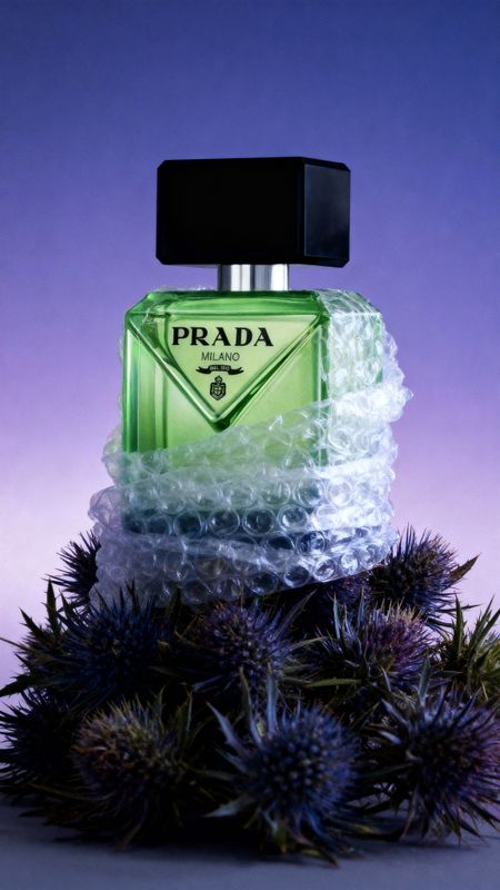 a bottle of prada perfume sitting on top of a plant