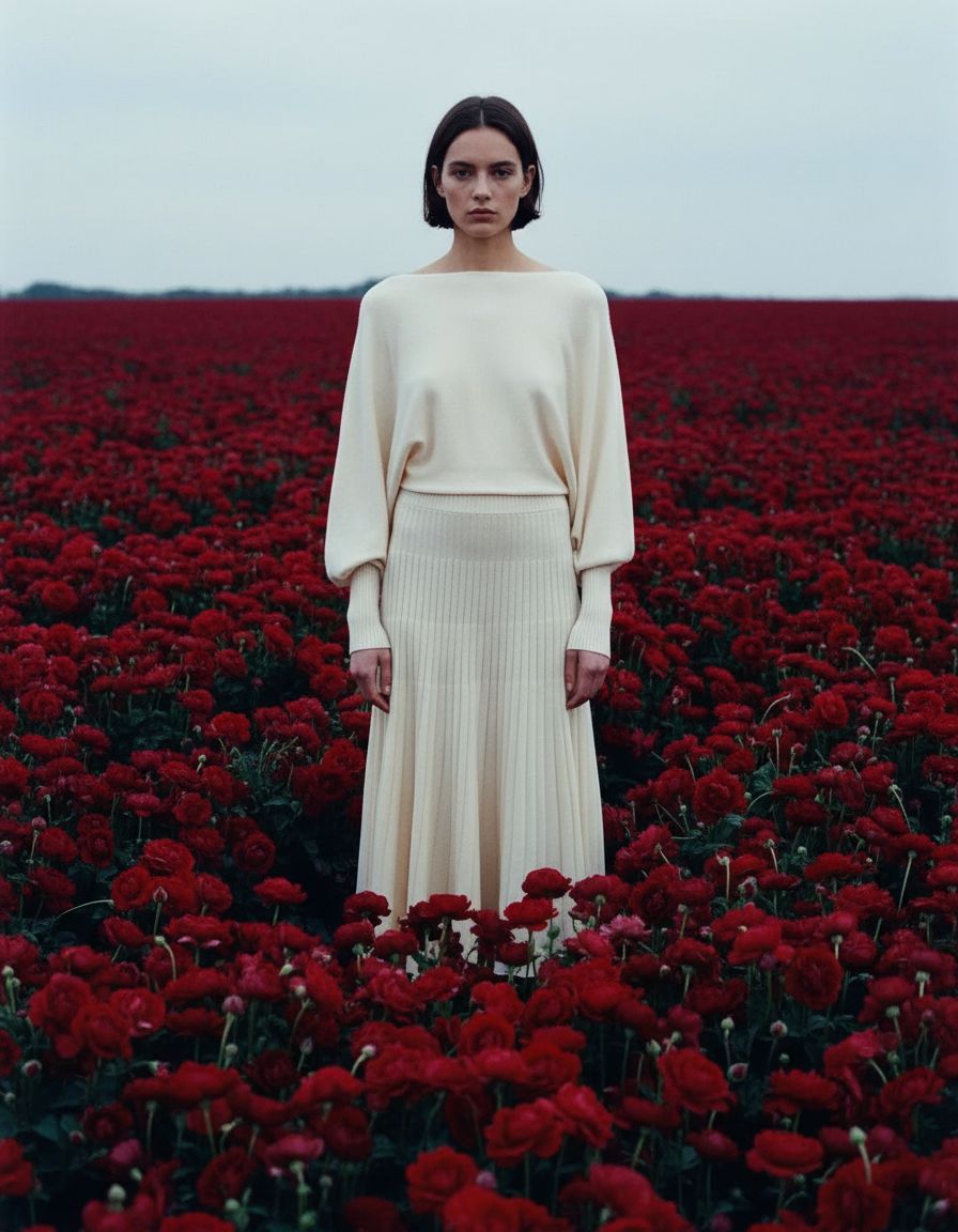 a woman standing in a field of red flowers