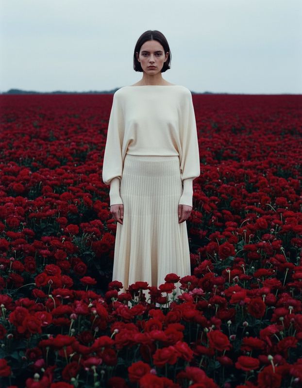 a woman standing in a field of red flowers