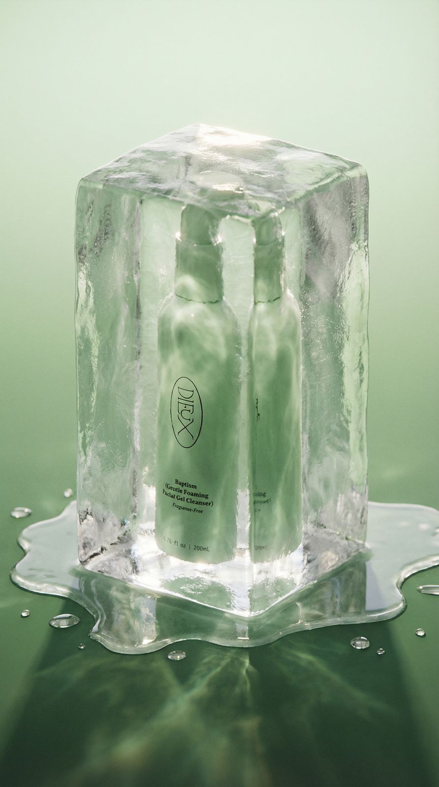 a couple of bottles of liquid sitting on top of a ice block