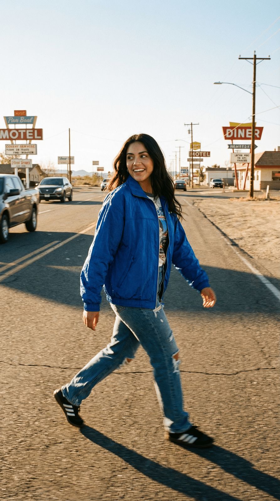 a woman walking down a street in a blue jacket