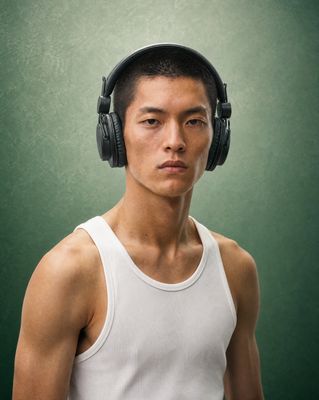 a young man wearing headphones and a tank top
