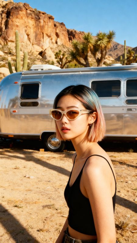 a woman with pink hair and sunglasses standing in front of a trailer