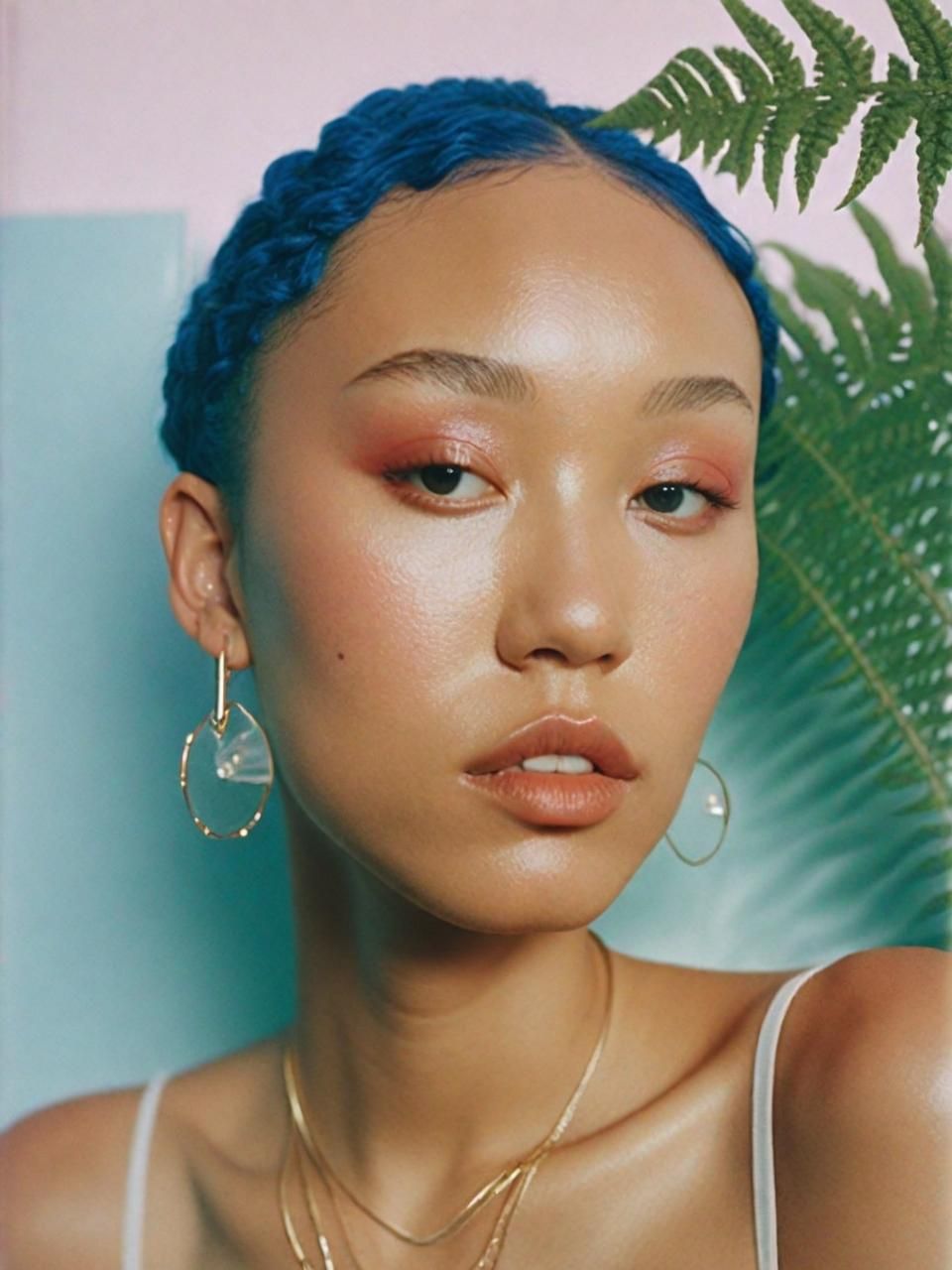 a woman with blue hair and earrings on her head