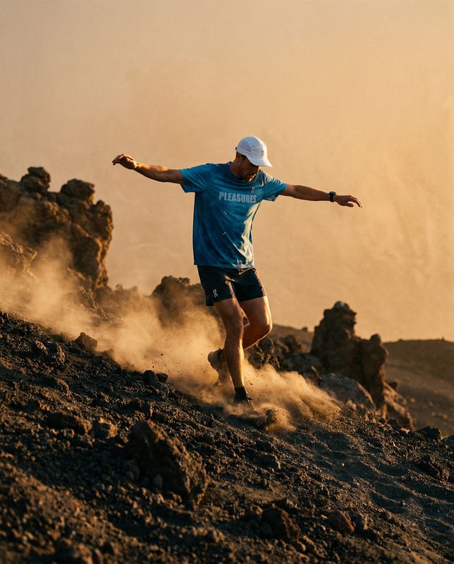 a man running up a hill in the desert