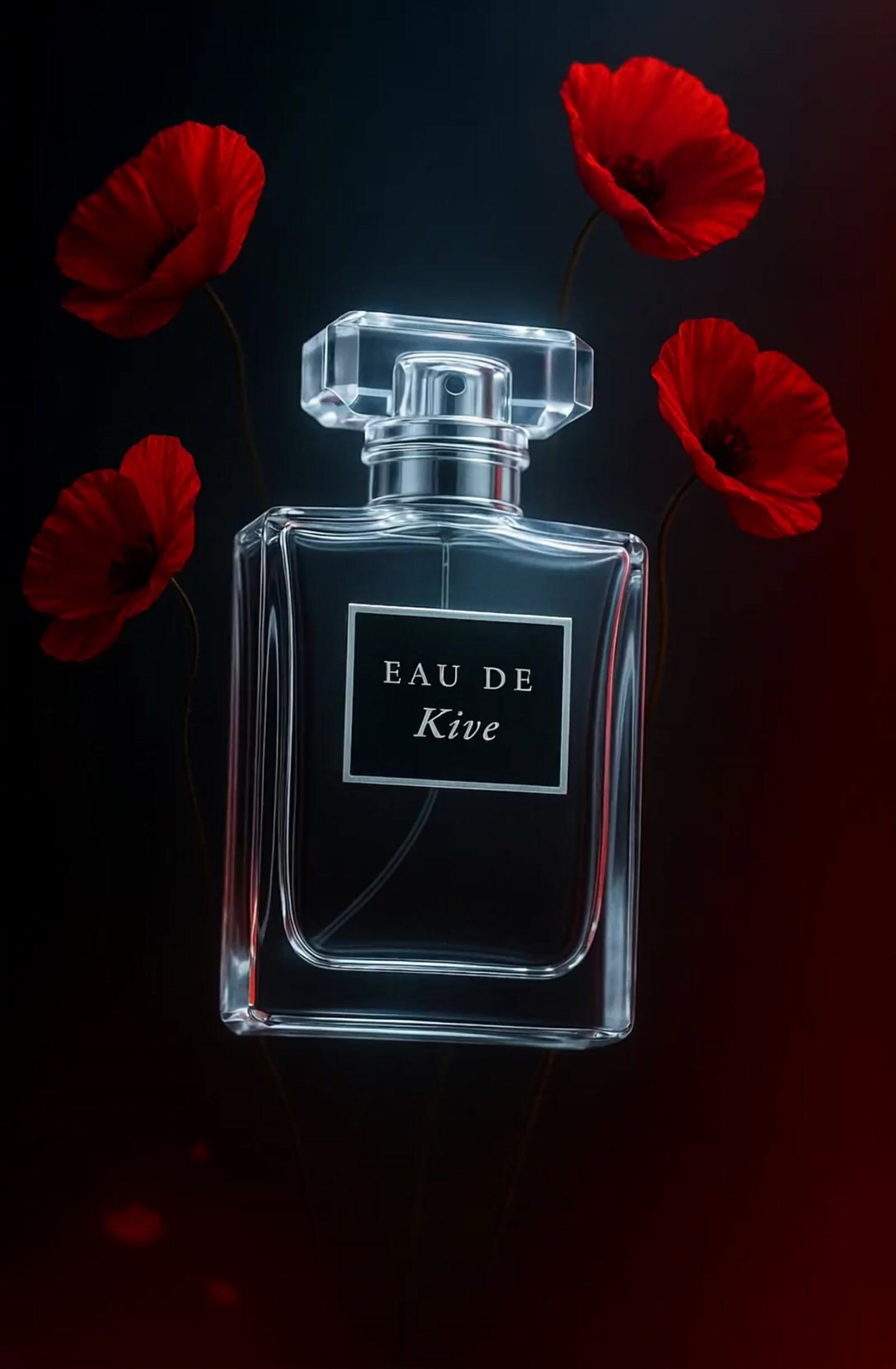 a bottle of perfume sitting next to red flowers