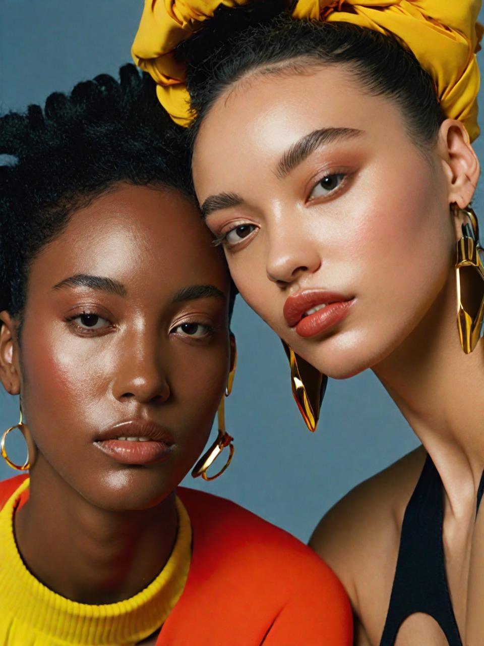 two models with bright makeup and large earrings